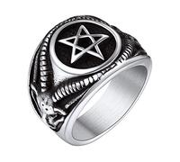 Bandmax Satana Anelli Uomo, 01 Stile Anello Uomo Acciaio Inossidabile, 07 US Misura Anello Teschio Punk, Pentagramma Rovesciato Anello Uomo Argento con Scheletro della Testa di Pecora