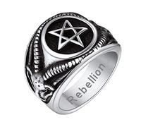 Bandmax Satana Anelli Uomo, 01 Stile Anello Uomo Acciaio Inossidabile, 14 US Misura Anello Teschio Punk, Pentagramma Rovesciato Anello Uomo Argento con Scheletro della Testa di PecoraAnello Incisione