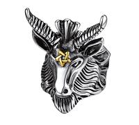 Bandmax Satana Anelli Uomo, 03 Stile Anello Uomo Acciaio Inossidabile, 10 US Misura Anello Teschio Punk, Anello Uomo Argento con Scheletro della Testa di Pecora+Pentagramma Rovesciato