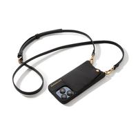 Bandolier Emma - Custodia a portafoglio per iPhone 16 Pro Max, 100% vera pelle di ciottolo, tracolla regolabile e rimovibile, porta carte di credito con chiusura a scatto, colore: Nero con hardware
