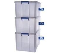 Bankers Box 7731301 Prostore Multipack Scatole 2 x 70 Litri + 1 x 85 Litri in Plastica con Coperchio, Super Resistente, Senza Bpa, Impilabile, Trasparente