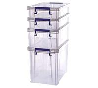 Bankers Box Prostore 4 scatole porta oggetti in plastica con coperchio, 2x5,5 L + 1x18,5 L + 1x10 L, impilabili, scatole per armadio super resistenti, contenitori plastica trasparente, 4 unità