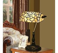 Bankers Lamp,Stained Glass White Beige Rose Table Or Desk Piano Light, Girl Lover Bedroom Bedside Dresser Lamp,Vintage Look Colorful Accent Decor Alloy Base,Banker Lamp