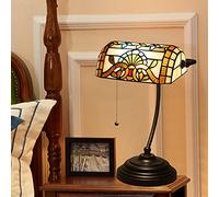 Bankers Table Lamp Green Stained Glass Shade Bedside Lamp Desk Lamp Reading Light for Living Room Bedroom,Antique Alloy Base,Round Baroque