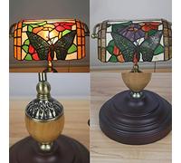 Bankers Table Lamp Green Stained Glass Shade Bedside Lamp Desk Lamp Reading Light for Living Room Bedroom,Antique Alloy Base,Butterfly