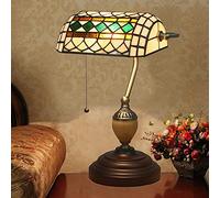 Bankers Table Lamp Green Stained Glass Shade Bedside Lamp Desk Lamp Reading Light for Living Room Bedroom,Antique Alloy Base,Mediterranean a
