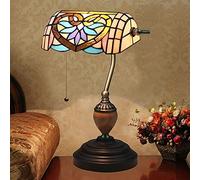 Bankers Table Lamp Green Stained Glass Shade Bedside Lamp Desk Lamp Reading Light for Living Room Bedroom,Antique Alloy Base,Love