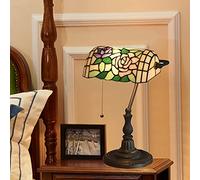 Bankers Table Lamp Green Stained Glass Shade Bedside Lamp Desk Lamp Reading Light for Living Room Bedroom,Antique Alloy Base,Rose Leaf