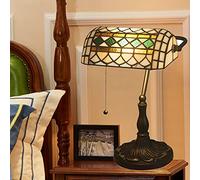 Bankers Table Lamp Green Stained Glass Shade Bedside Lamp Desk Lamp Reading Light for Living Room Bedroom,Antique Alloy Base,Aegean