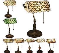 Bankers Table Lamp Green Stained Glass Shade Bedside Lamp Desk Lamp Reading Light for Living Room Bedroom,Antique Alloy Base,A Crystal