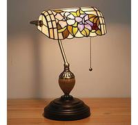 Bankers Table Lamp Green Stained Glass Shade Bedside Lamp Desk Lamp Reading Light for Living Room Bedroom,Antique Alloy Base,Hibiscus