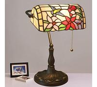 Bankers Table Lamp Green Stained Glass Shade Bedside Lamp Desk Lamp Reading Light for Living Room Bedroom,Antique Alloy Base,Bird Flower