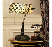Bankers Table Lamp Green Stained Glass Shade Bedside Lamp Desk Lamp Reading Light for Living Room Bedroom,Antique Alloy Base,Cream