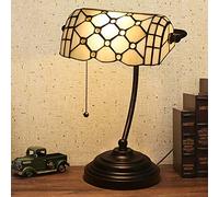 Bankers Table Lamp Green Stained Glass Shade Bedside Lamp Desk Lamp Reading Light for Living Room Bedroom,Antique Alloy Base,D Crystal
