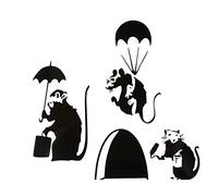 Banksy - Adesivo da parete, motivo buco del mouse, piccolo ratto con scatola colorata e rotolo, paracadutista/ombrello, in vinile, 3 x 11 x 5 cm