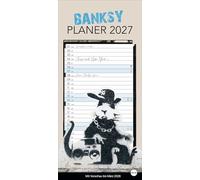 Banksy Planer 2027: Terminkalender als Wandplaner mit großer Einzelspalte. Monatlich wechselnde Guerilla-Art-Motive des zeitgenössischen Künstlers Banksy. Wandkalender im Format 21 x 45 cm