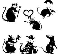 Banksy Serie di topi grandi 2, Set di 6 adesivi da parete, Black, 20cm x 20cm / 8" x 8" each rat