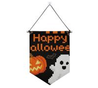 Banner arancione del pixel di Halloween del fumetto appeso con la decorazione esterna degli striscioni dell'asta telescopica per il Festival & il giorno speciale