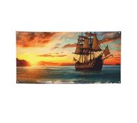 Banner Banner per interni ed esterni Cartello personalizzato nave pirata al tramonto Banner Segni per feste Segni riutilizzabili Cartello vuoto 300D Poliestere Decorazione Banner per la decorazione