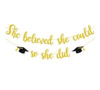 Banner con scritta in inglese "She Believed She Could So She Did Did" - Ghirlanda di laurea con scritta in lingua inglese "She Did It" con scritta in lingua inglese "She Believed She Could So She Did