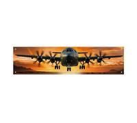Banner da appendere alla parete, 110 x 30 cm, con aereo militare che atterrano sulle piste dell'aeronautica contro il bellissimo sfondo DuSky, grande striscione per feste, poster per Capodanno, laurea