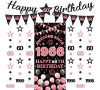 Banner da donna per 60° compleanno, 9 pezzi, nero e oro rosa, striscione di buon compleanno, fantastico dal 1966, tenda scintillante a pois da appendere per lei 60 anni forniture per decorazioni per