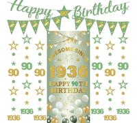 Banner da donna per 90° compleanno, 9 pezzi, verde oro Happy Birthday Banner impressionante dal 1936 tenda scintillio stella puntino appeso stelle stelle stelle gagliardetto per lei 90 anni forniture