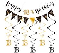 Banner decorativo per 18° compleanno, motivo stelle filanti, decorazione per il 18° compleanno, ragazzo, decorazione nero argento oro, ghirlanda a spirale, con 1 inserto per torta
