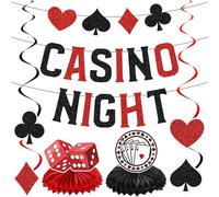 Banner decorativo per feste di compleanno del casinò, 9 pezzi, nero e rosso, striscioni notturni da casinò, picche, cuori, diamanti, club, dadi da appendere a nido d'ape per Las Vegas, Bday, addio al