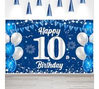 Banner decorativo per il 10° compleanno, sfondo blu, argento, 10. Happy Birthday, decorazione fotografica, poster per ragazzi, ragazze, compleanni, feste, colore blu, 180 cm x 110 cm