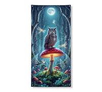 Banner decorativo per porta con gufo e fungo, scena notturna della foresta incantata, decorazione per la casa, forniture per festival autunnali per interni ed esterni, 91 x 182 cm