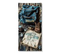 Banner decorativo per porta di benvenuto avventura, zaino da viaggio stile mappa arte decorazione porta d'ingresso, forniture per interni ed esterni, campeggio vacanze 91 x 182 cm