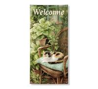 Banner decorativo per porta di benvenuto con gatto, verde botanico a tema animale, decorazione per porta d'ingresso, per interni ed esterni, primavera estate, accenti da appendere 91 x 182 cm
