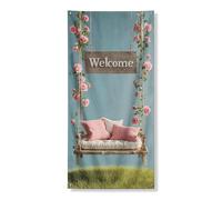 Banner decorativo per porta floreale di benvenuto, design rustico con rose di pesca altalena, decorazione per porta d'ingresso, forniture per feste primaverili per interni ed esterni, 91 x 182 cm