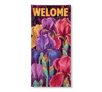 Banner decorativo per porta floreale di benvenuto, vibranti fiori di iris per la stagione primaverile, decorazione colorata per ingresso casa, interni ed esterni, allegria primaverile 91 x 183 cm