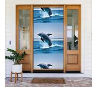 Banner decorato con delfini che saltano in su. Striscione stampato per porta, da appendere alla parete per feste