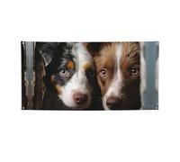 Banner di benvenuto Due cani che sbirciano dietro l'angolo Bandiera per feste Fotografia Sfondo Bandiera Decorazioni Festa di compleanno Decorazione da parete Cartello Puntelli Foto Bandiera Banner
