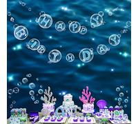 Banner di buon compleanno blu trasparente sotto il mare per bambini Ocean Bday decorazione per feste di pesce ghirlanda per appendere sotto il mare Decorazione di compleanno per ragazzi Sirenetta