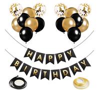 Banner di buon compleanno con 15 palloncini in lattice da 30,5 cm e 2 nastri, decorazione di compleanno nera e oro, perfetta per feste di compleanno