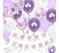 Banner di buon compleanno, decorazione di compleanno viola, 16 palloncini da 30,5 cm, con 2 nastri, per uomini, donne, ragazze e ragazzi, decorazione per feste di compleanno