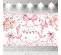 Banner di buon compleanno rosa con fiocco, decorazioni per feste di compleanno, sfondi per fotografia di feste di compleanno, decorazioni rosa per addio al nubilato, palloncini glitterati come segnale