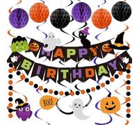 Banner di compleanno di Halloween - Banner di buon compleanno con palla a nido d'ape, Streamer a spirale da appendere di Halloween, decorazioni per ghirlande a pois - Decorazione per feste di