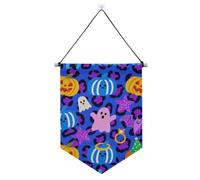 Banner di gioia di Halloween con stampa leopardata blu-viola scuro da appendere con asta telescopica banner bandiera decorazioni per feste all'aperto per interni, feste all'aperto