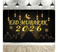 Banner Eid Mubarak, decorazioni per la casa Seutgjie Eid 2026 nero oro Ramadan luna e stelle Eid decorazioni per feste musulmane per interni ed esterni 180 x 110 cm