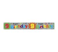 Banner Happy 9th Birthday | Decorazioni per feste di compleanno per 9 anni | Striscione extra lungo in lamina di buon compleanno | Striscione colorato per il nono compleanno | Forniture per feste per