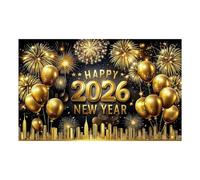 Banner Happy New Year 2026, striscione extra large, sfondo a tema fuochi d'artificio oro nero per decorazioni, sfondo per cabina fotografica per Capodanno, accessori per feste di Capodanno