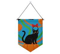 Banner in tessuto da appendere con gatto nero di Halloween con asta telescopica bandierine banner banner per feste e decorazioni per porte, pareti, finestre, giardini, cortile