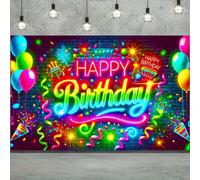 Banner neon per buon compleanno con palloncini e coriandoli, decorazione per sfondo festa in tessuto misto poliestere, oggetto fotografico, decorazioni per festa di compleanno, 1 pezzo, decorazione pe