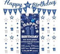 Banner per 11° compleanno per ragazzi, 9 bandierine blu argento sfondo numero stella puntino glitter kit ghirlande da appendere per ragazzi e ragazze felici 11 anni forniture per feste di compleanno