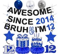 Banner per 12° compleanno per ragazzi, 12 pezzi, glitter nero blu Awesome Since 2014 Bruh I'm 12 striscioni pre incordati da appendere a nido d'ape per decorazioni per feste di undici anni